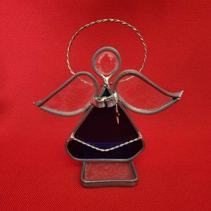 Vintage Stained Glass Free Standing Angel Holding a Star Blue Suncatcher